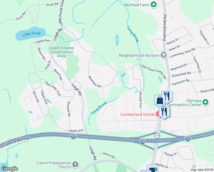 map of restaurants, bars, coffee shops, grocery stores, and more near 22 Bourque Road in Cumberland