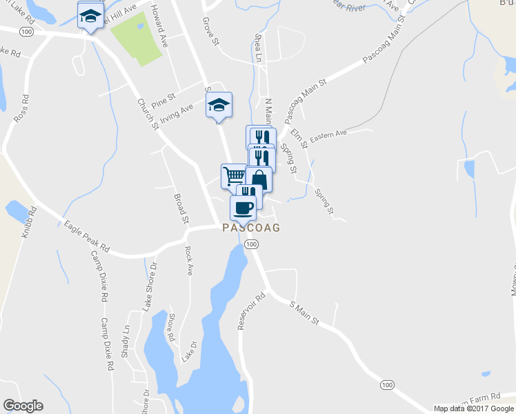 map of restaurants, bars, coffee shops, grocery stores, and more near 88 Pascoag Main Street in Burrillville