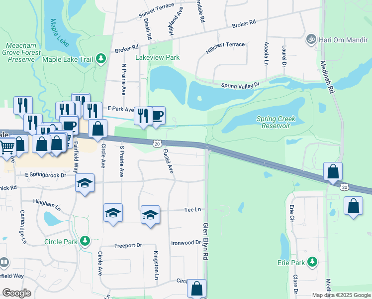 map of restaurants, bars, coffee shops, grocery stores, and more near 258 East Lake Street in Bloomingdale