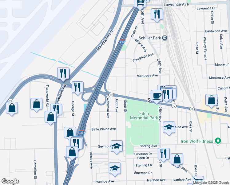 map of restaurants, bars, coffee shops, grocery stores, and more near 4300 Judd Avenue in Schiller Park