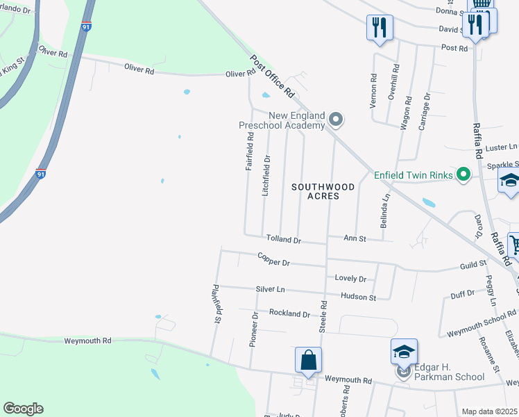 map of restaurants, bars, coffee shops, grocery stores, and more near 32 Litchfield Drive in Enfield
