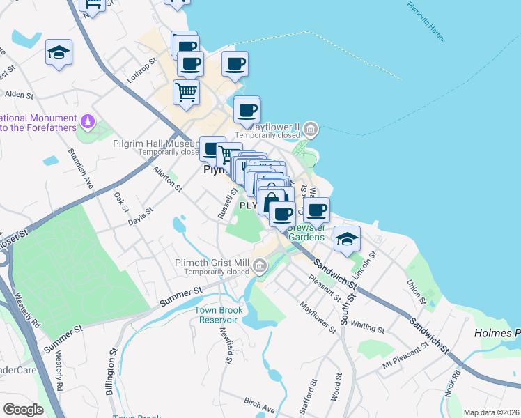 map of restaurants, bars, coffee shops, grocery stores, and more near 44 Massachusetts 3A in Plymouth