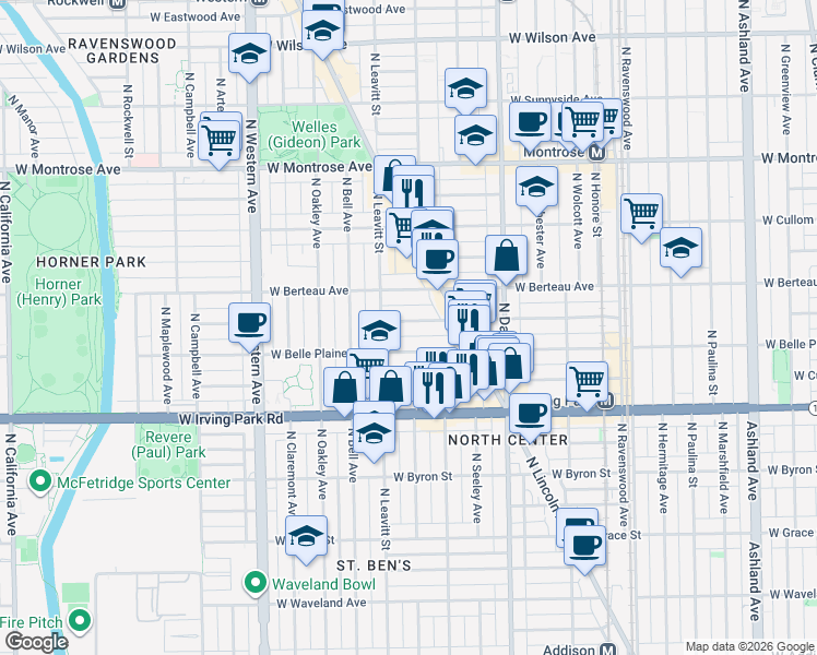 map of restaurants, bars, coffee shops, grocery stores, and more near 2151 West Warner Avenue in Chicago