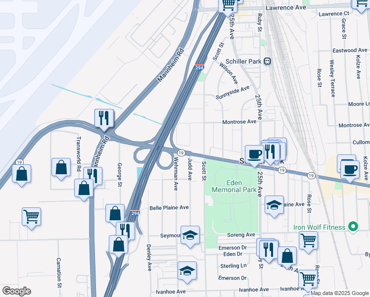 map of restaurants, bars, coffee shops, grocery stores, and more near 4300 Judd Avenue in Schiller Park