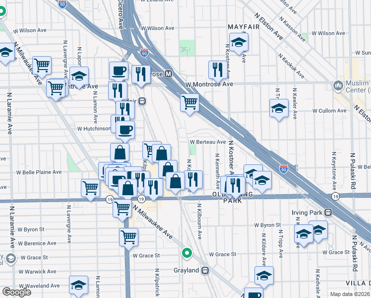 map of restaurants, bars, coffee shops, grocery stores, and more near 4140 North Kolmar Avenue in Chicago