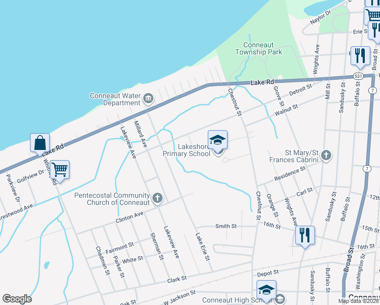 map of restaurants, bars, coffee shops, grocery stores, and more near 749 Cricket Avenue in Conneaut