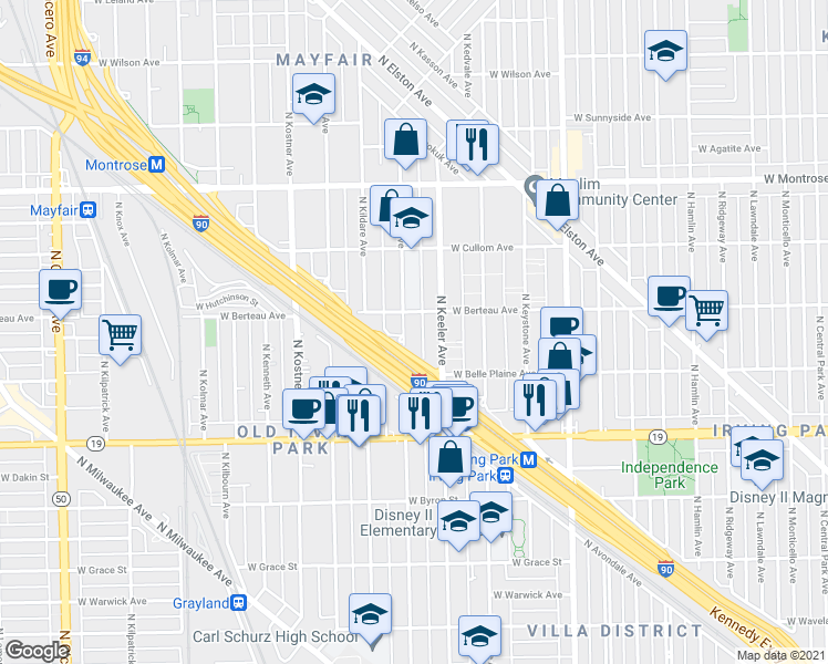 map of restaurants, bars, coffee shops, grocery stores, and more near 4137 North Tripp Avenue in Chicago
