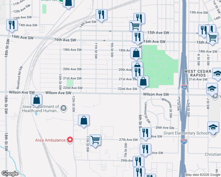 map of restaurants, bars, coffee shops, grocery stores, and more near 2204 9th St SW in Cedar Rapids