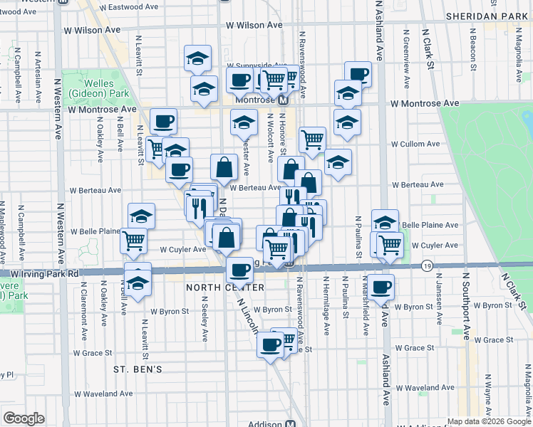 map of restaurants, bars, coffee shops, grocery stores, and more near 4110 North Wolcott Avenue in Chicago