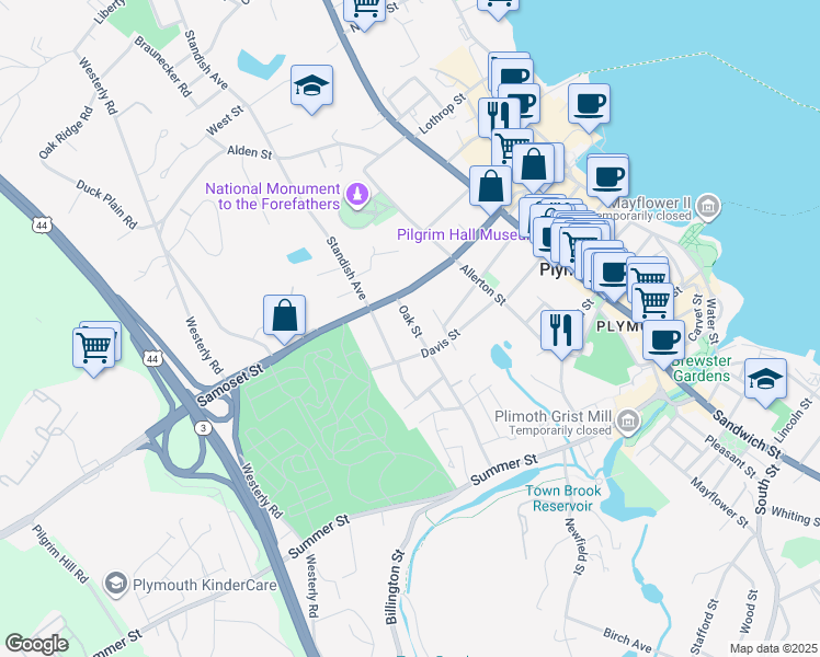 map of restaurants, bars, coffee shops, grocery stores, and more near 66 Oak Street in Plymouth