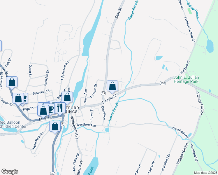 map of restaurants, bars, coffee shops, grocery stores, and more near 12 East Street in Stafford
