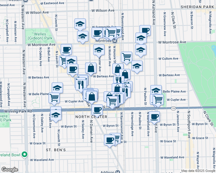 map of restaurants, bars, coffee shops, grocery stores, and more near 4110 North Wolcott Avenue in Chicago