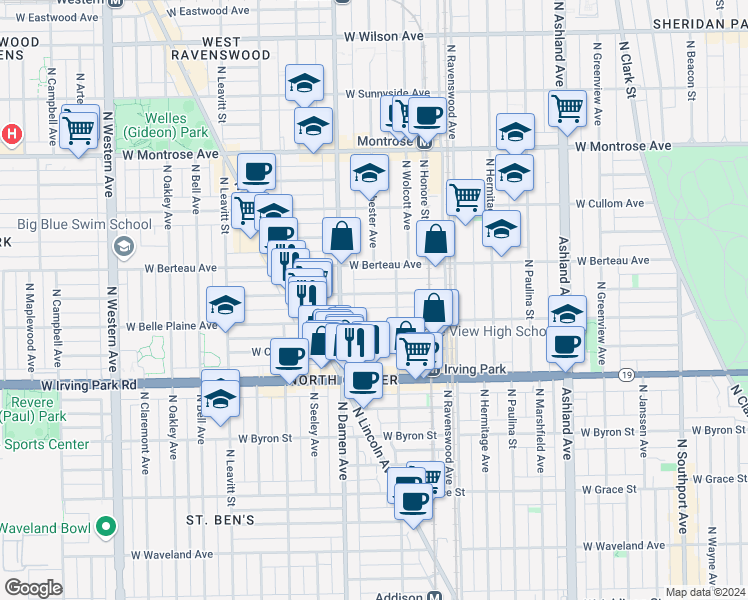map of restaurants, bars, coffee shops, grocery stores, and more near 1941 West Warner Avenue in Chicago