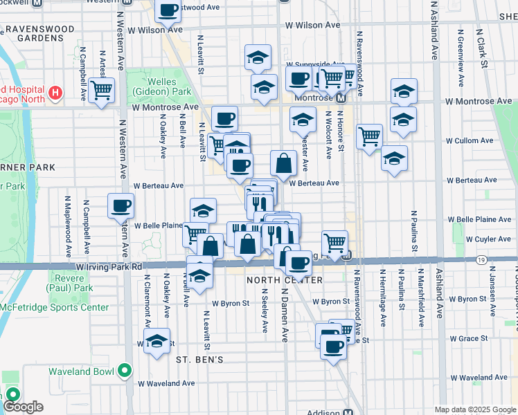 map of restaurants, bars, coffee shops, grocery stores, and more near 4118 North Lincoln Avenue in Chicago