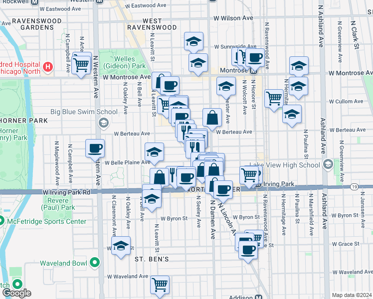 map of restaurants, bars, coffee shops, grocery stores, and more near 4118 North Lincoln Avenue in Chicago