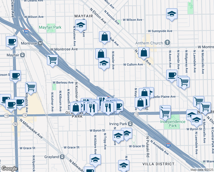 map of restaurants, bars, coffee shops, grocery stores, and more near 4137 North Tripp Avenue in Chicago