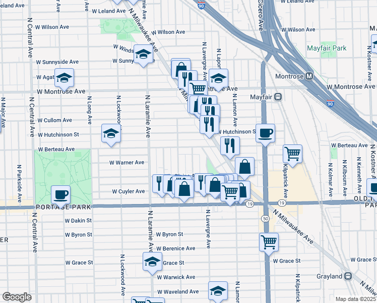 map of restaurants, bars, coffee shops, grocery stores, and more near 4143 North Leclaire Avenue in Chicago