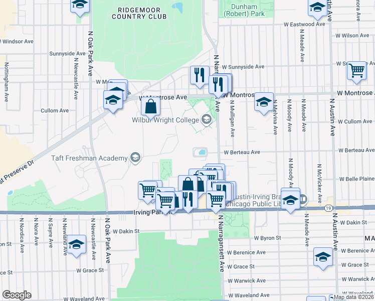 map of restaurants, bars, coffee shops, grocery stores, and more near 4200 North Natchez Avenue in Chicago