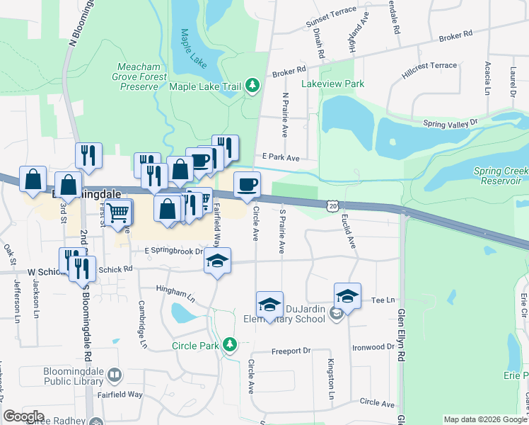 map of restaurants, bars, coffee shops, grocery stores, and more near 108 South Prairie Avenue in Bloomingdale