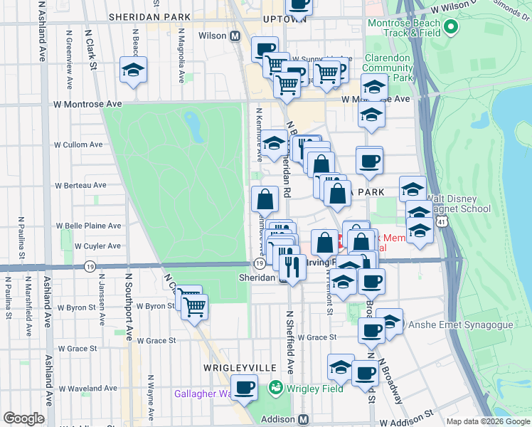 map of restaurants, bars, coffee shops, grocery stores, and more near 4101 North Kenmore Avenue in Chicago