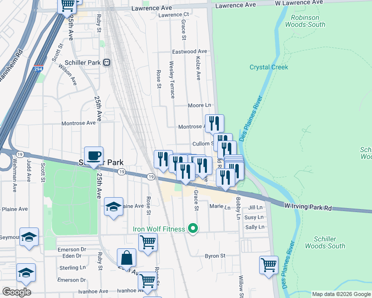map of restaurants, bars, coffee shops, grocery stores, and more near 4255 Wesley Terrace in Schiller Park