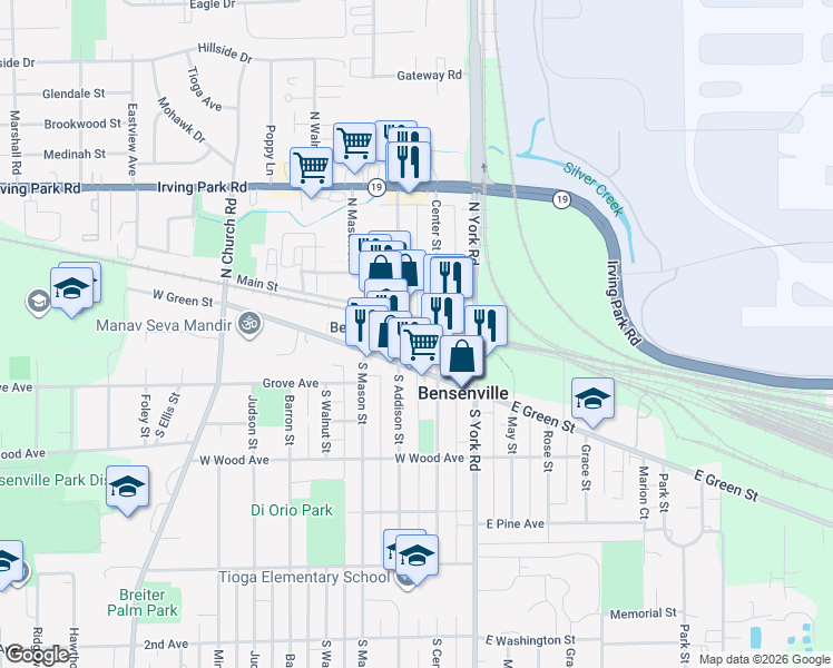 map of restaurants, bars, coffee shops, grocery stores, and more near 73 South Addison Street in Bensenville