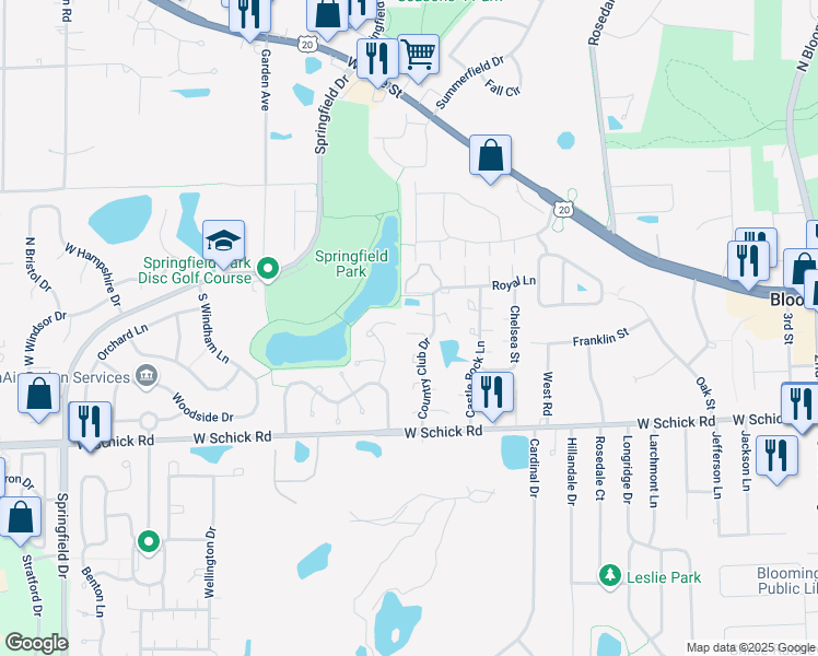 map of restaurants, bars, coffee shops, grocery stores, and more near 64 Country Club Drive in Bloomingdale