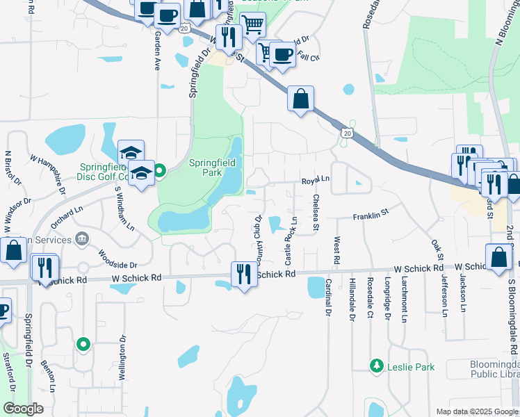 map of restaurants, bars, coffee shops, grocery stores, and more near 64 Country Club Drive in Bloomingdale