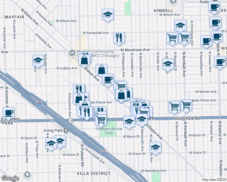 map of restaurants, bars, coffee shops, grocery stores, and more near 4155 North Elston Avenue in Chicago