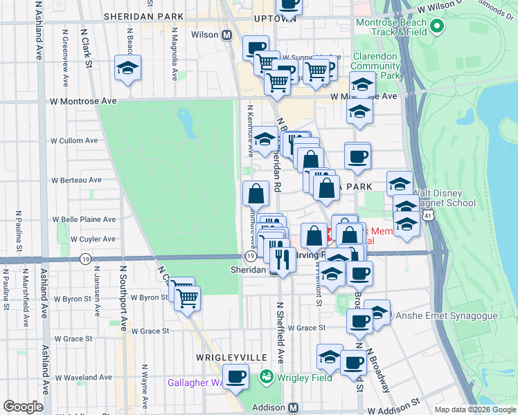 map of restaurants, bars, coffee shops, grocery stores, and more near 4103 North Kenmore Avenue in Chicago