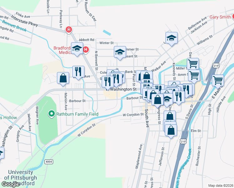 map of restaurants, bars, coffee shops, grocery stores, and more near Center Street in Bradford