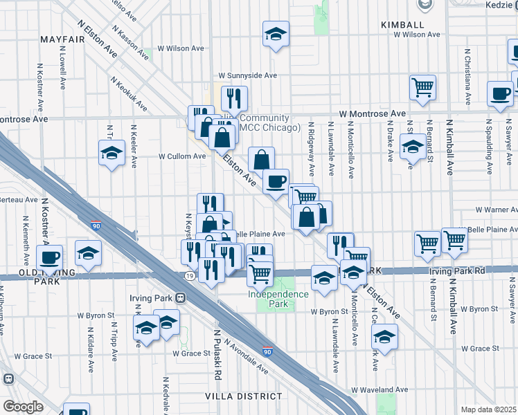 map of restaurants, bars, coffee shops, grocery stores, and more near 4130 North Avers Avenue in Chicago