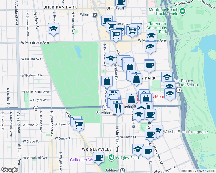 map of restaurants, bars, coffee shops, grocery stores, and more near 4069 North Kenmore Avenue in Chicago