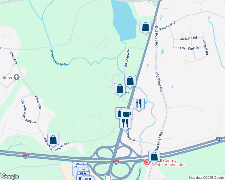 map of restaurants, bars, coffee shops, grocery stores, and more near 6 Quinn Street in North Attleborough