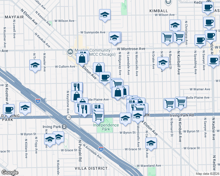 map of restaurants, bars, coffee shops, grocery stores, and more near 4165 North Elston Avenue in Chicago