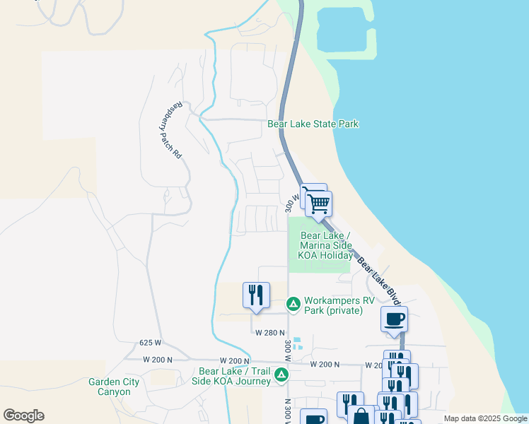 map of restaurants, bars, coffee shops, grocery stores, and more near 571 Blue Lake St in Garden City