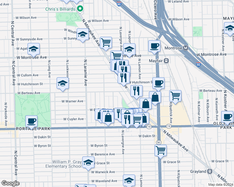 map of restaurants, bars, coffee shops, grocery stores, and more near 4141 North Lawler Avenue in Chicago