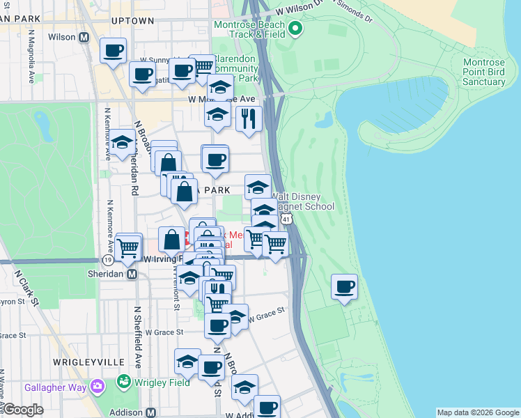 map of restaurants, bars, coffee shops, grocery stores, and more near 4140 North Marine Drive in Chicago