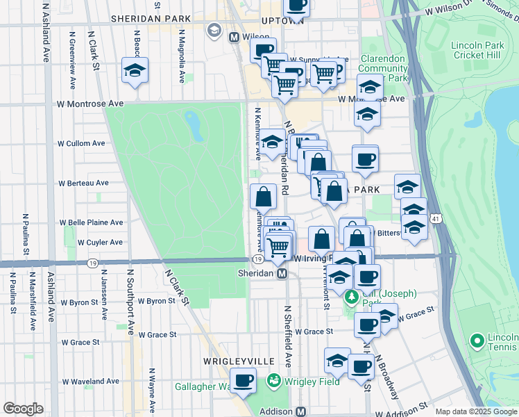 map of restaurants, bars, coffee shops, grocery stores, and more near 4069 North Kenmore Avenue in Chicago