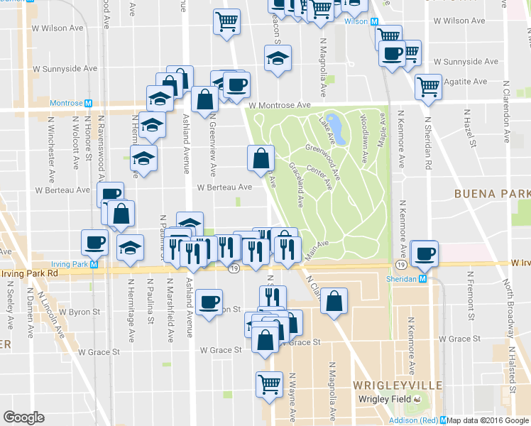 map of restaurants, bars, coffee shops, grocery stores, and more near 4108 North Southport Avenue in Chicago