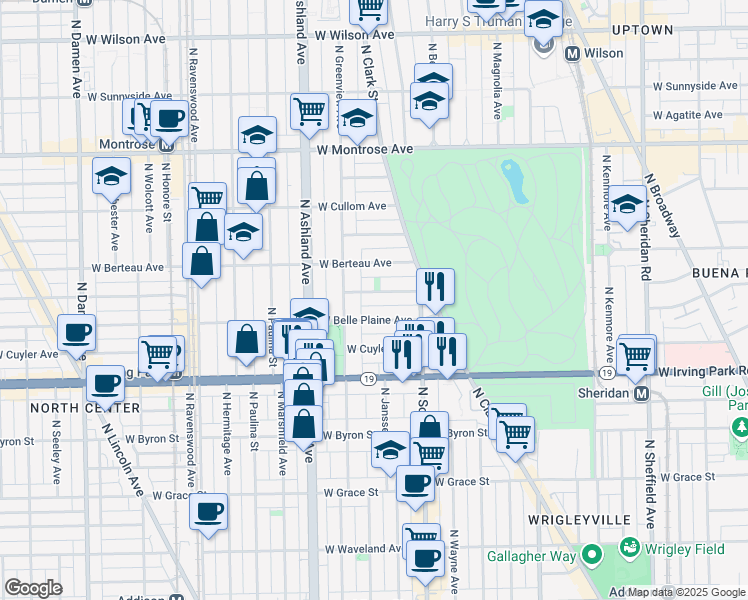 map of restaurants, bars, coffee shops, grocery stores, and more near 1442 West Belle Plaine Avenue in Chicago