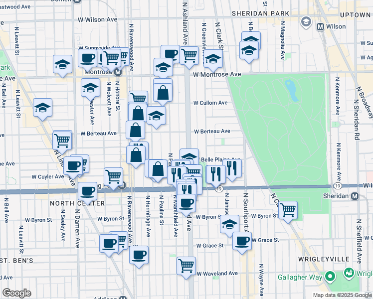map of restaurants, bars, coffee shops, grocery stores, and more near 4109 North Ashland Avenue in Chicago