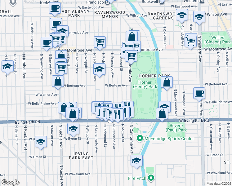 map of restaurants, bars, coffee shops, grocery stores, and more near 4123 North Francisco Avenue in Chicago