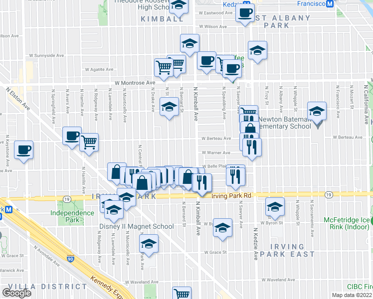 map of restaurants, bars, coffee shops, grocery stores, and more near 4125 North Bernard Street in Chicago