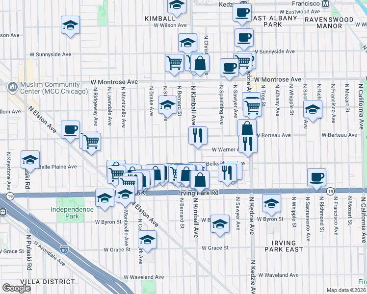 map of restaurants, bars, coffee shops, grocery stores, and more near 4125 North Bernard Street in Chicago