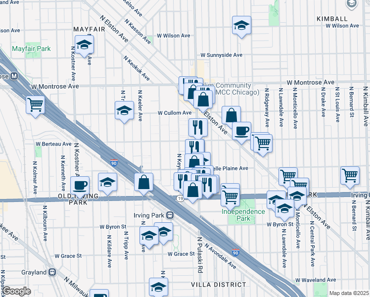 map of restaurants, bars, coffee shops, grocery stores, and more near 4135 North Keystone Avenue in Chicago