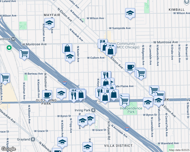 map of restaurants, bars, coffee shops, grocery stores, and more near 4135 North Kedvale Avenue in Chicago