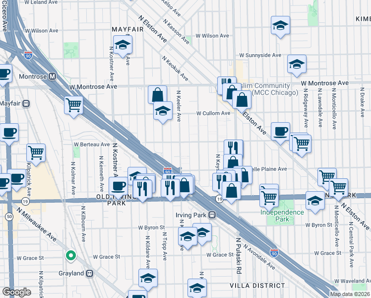 map of restaurants, bars, coffee shops, grocery stores, and more near 4131 North Keeler Avenue in Chicago