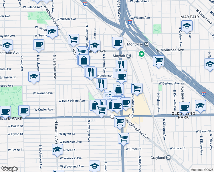 map of restaurants, bars, coffee shops, grocery stores, and more near 4862 West Warner Avenue in Chicago