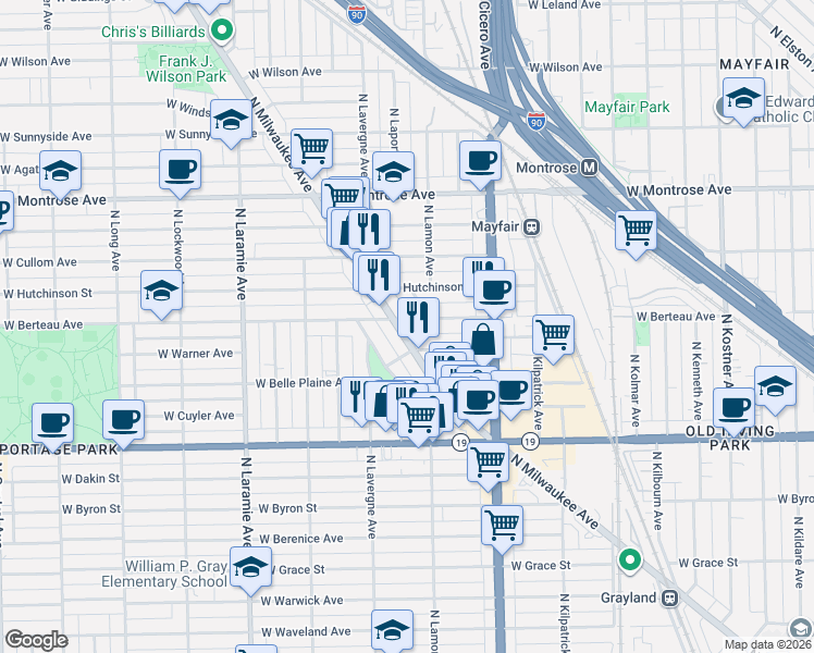 map of restaurants, bars, coffee shops, grocery stores, and more near 4156 North Milwaukee Avenue in Chicago